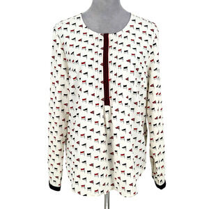 Talbots Top Womens 14 Ivory Pleated Nautical Flags Blouse Novelty Print Career